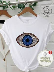 INAWLY 水钻眼睛图案休闲百搭圆领短袖T恤，夏季 - 白色 - 查看 1