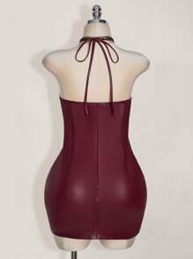 SHEIN ICON 加大码露背深 V 领交叉露背修身 PU 皮革紧身连衣裙，Y2K 性感 PU 皮革紧身连衣裙 - 酒紅色 - 查看 2