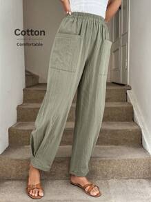 SHEIN LUNE Old Money Style Women Women's Casual Green Cotton Pants With Pockets, Comfortable Spring/Summer