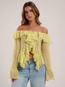 SHEIN BAE 女式纯色荷叶边露肩长袖开衩时尚衬衫 - 黃色 - 查看 3