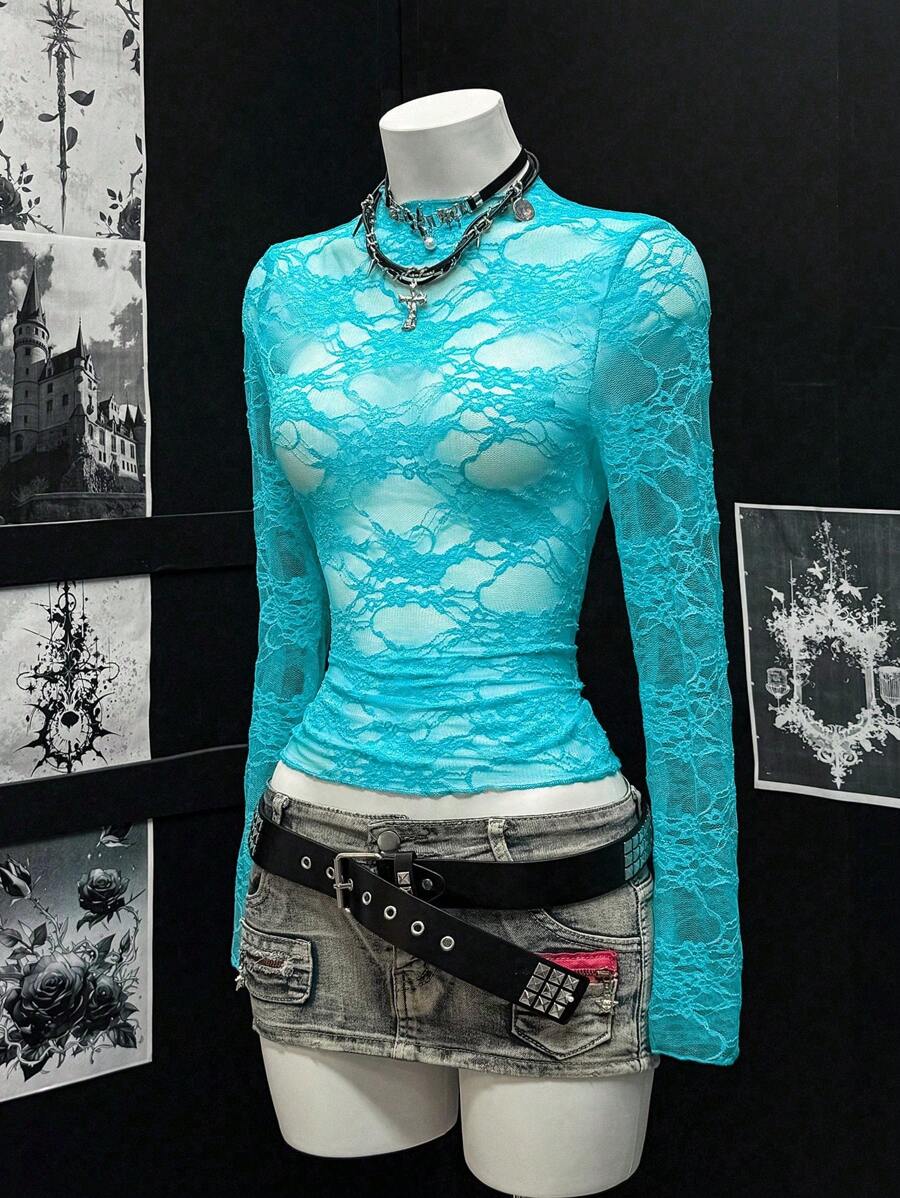 EgrlEra Lace Trimmed Slim Fit Long Sleeve Top Y2K  Fall Cloth For Women - Mint Blue - View 1