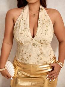 Elaquor Plus Size Women Floral Sequin Plunging V-Neck Halter Top - Apricot - View 6