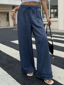 Livesso Women's Summer Frill Trim Drawstring Waist Loose Casual Pants - Blue - View 4