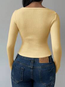 SHEIN BASICS Top de manga larga ajustada de punto de color liso informal para mujer - Amarillo - Ver 2