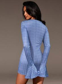 Athîral Women's Plaid Print Knotted Fitted Elegant Long Sleeve Jumpsuit - Blue - View 2