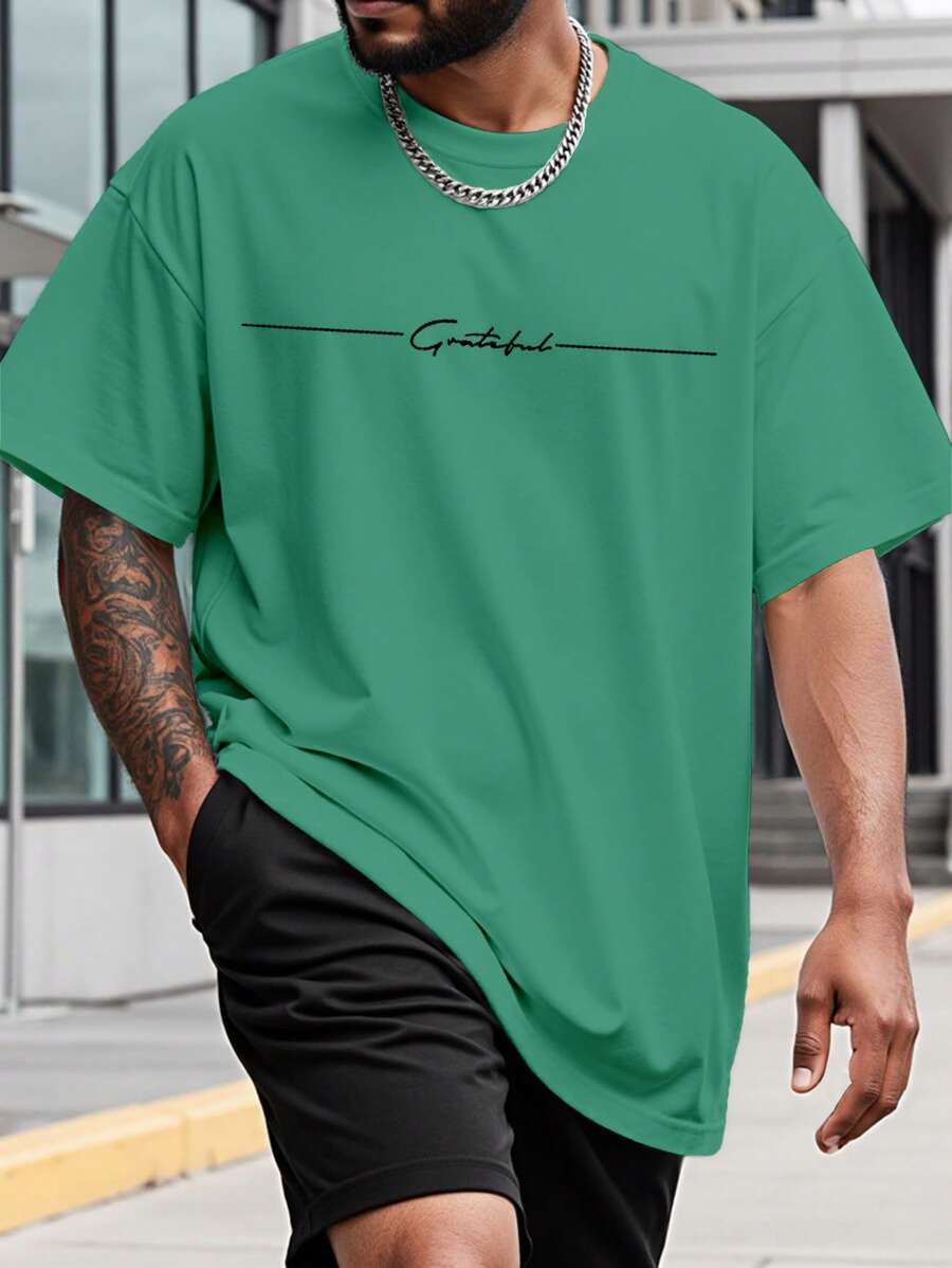 Manfinity Homme Áo thun nam cổ tròn tay ngắn họa tiết chữ thường ngày, đa năng cho mùa hè - Màu xanh Bạc hà - Xem 1
