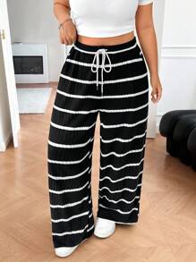 Solflare Pantalones rectos de pierna ancha a rayas en blanco y negro de estilo casual para mujer de talla grande, pantalones de playa, pantalones de vestir casual, de vuelta al colegio - Negro - Ver 3