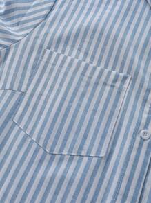 SHEIN LUNE 加大码蓝白条纹及膝秋季连衣裙，带开领衬衫，淡蓝色连衣裙，女士有袖连衣裙，蓝色返校节连衣裙，舒适棉质商务休闲女式工作服商务连衣裙 - 淺藍色 - 查看 4