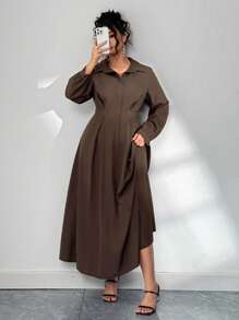 Elenzga 优雅通勤纯色灯笼袖连衣裙，及踝长加大码女装，适合秋季 - 咖啡棕 - 查看 3