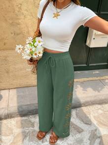 SHEIN Frenchy Quần âu cạp cao thắt nút khoét rỗng cho nữ, thích hợp đi nghỉ - Màu xanh lá cây đậm - Xem 6