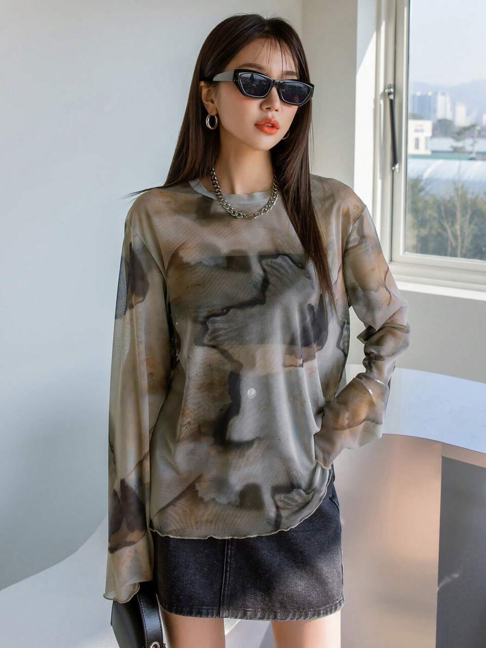 Tie Dye Drop Shoulder Mesh Top Without Bandeau Sheer Long Sleeve Women Tops