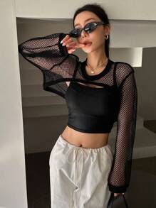 DAZY 1pc Hollow Out Super Crop Top Going Out Tops Festival Sheer,Beach Outfits Long Sleeve Women Tops - Black - View 4