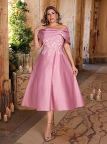 SHEIN Belle 加大码春夏优雅浪漫华丽莲花粉色单肩不对称莲花袖褶皱奢华腰部亮片贴花设计 A 字下摆适合晚餐单身派对约会节日舞蹈音乐节婚礼活动舞会礼服复古礼服 - 藕粉色 - 查看 1