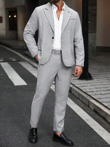 Manfinity Mode 大码男士亚麻长袖夹克和裤子套装 - 灰色 - 查看 1