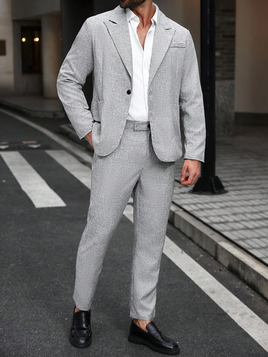 Manfinity Mode 大码男士亚麻长袖夹克和裤子套装 - 灰色 - 查看 1