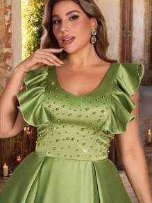 Aureia Plus Size Olive Green Spring Elegant Formal Prom Wedding Dress,Handmade Beaded Patchwork 3D Ruffle Trim Shoulder Luxury A-Line Ballroom Gown - Green - View 1