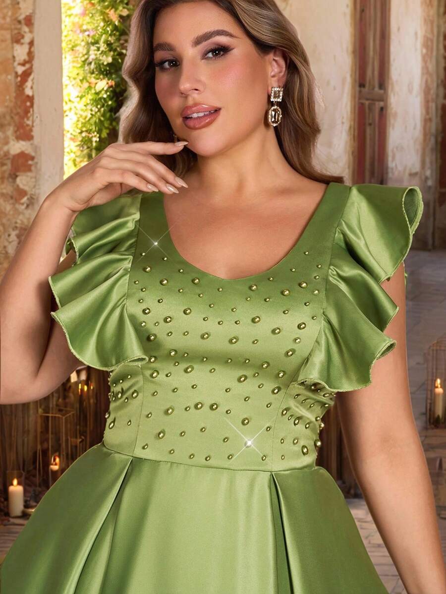 Aureia Plus Size Olive Green Spring Elegant Formal Prom Wedding Dress,Handmade Beaded Patchwork 3D Ruffle Trim Shoulder Luxury A-Line Ballroom Gown - Green - View 1