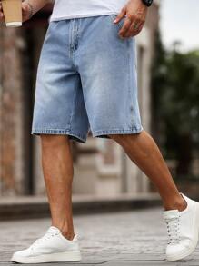 Manfinity Homme Quần short denim thời trang giản dị đa năng có túi màu trơn cho nam - Rửa nhẹ - Xem 5