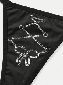 ROMWE Gothic Goth Style Bow Cross Rhinestone Halter Bra And Thong Lingerie Set With Bandage - Black - View 5