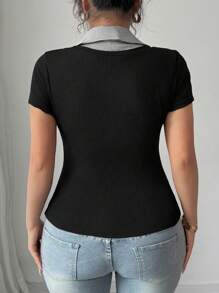 Elenzga 女士加大码优雅拼色领拼接修身弹力休闲百搭时尚设计短袖衬衫上衣，2025 年春夏新品 - 彩色 - 查看 2