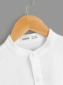 SHEIN Tween Boy Stand Collar Single-Breasted Multi-Color Patchwork Embroidered Fashion Shirt