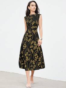 Aveloria Modichic Elegante vestido de verano con escote redondo, silueta simple, estampado de hojas de árbol y cintura imperio para mujer