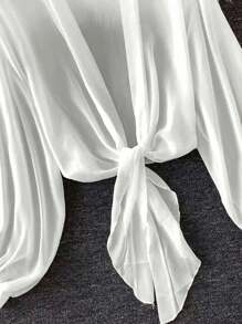 女士加大码夏季薄款灯笼袖系腰开衫 - 白色 - 查看 5