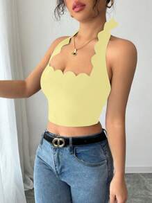 INAWLY Sexy Vacation Black Halter Tie Ruffled Neck Cropped Tank Top For Women - Yellow - View 4