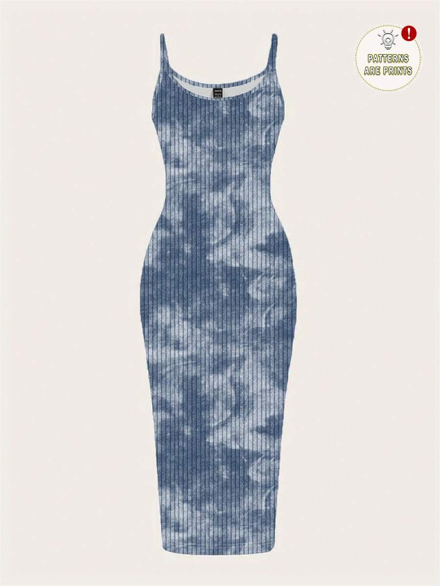 SHEIN EZwear 休闲简约街头扎染全印花无袖长裙，适合夏季