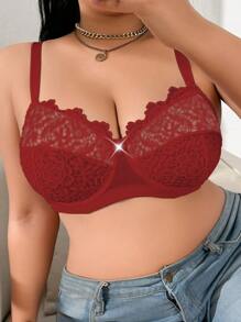SHEIN 1pc Plus Size Embroidered Patchwork Underwire Bra, Lift - Red - View 6