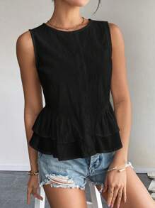 SHEIN Raffinéa Sleeveless Cotton Solid Color Crew Neck Shirt With Ruffle Hem - Black - View 5