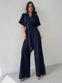 Firerie 2 件女士优雅休闲度假通勤 V 领宽松腰衬衫上衣和高腰阔腿裤套装，适合春夏秋季，休闲通勤套装，宽松套装，通勤，优雅，母亲节，教师节，工作装