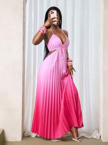 BamGleam 渐变色褶裥露背性感挂脖无袖连衣裙 - 粉色 - 查看 4