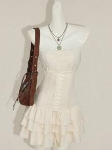 SHEIN ICON Y2k 外出西部波西米亚嬉皮米色露肩荷叶边无袖蕾丝拼布下摆纯色吊带背心连衣裙 - 杏色 - 查看 3