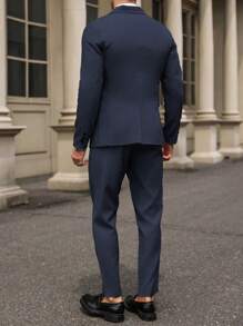 Manfinity Mode Solid Color Single Breasted Long Sleeve Blazer Jacket And Side Pocket Suit Pants Suit Set Men Suits Blue Men Suits Slim Fit Men Blue Suit Two Pieces Suit Men Men Dress Suit A Great Gift For A Boyfriend Or Husband. - Navy Blue - View 2