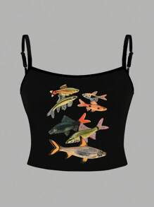 大码 Y2K 风格复古美感短款吊带背心 - 黑色 - 查看 4