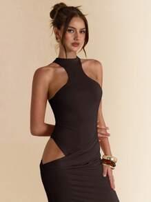 SHEIN BAE 杏色无袖不对称镂空修身长裙，优雅长裙，适合度假、海滩、婚礼、春夏季 - 咖啡棕 - 查看 4