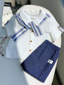 SHEIN Set abbigliamento estivo casual da 2 pezzi per bambino maschio, composto da camicia a righe con collo scialle e pantaloni con vita elastica