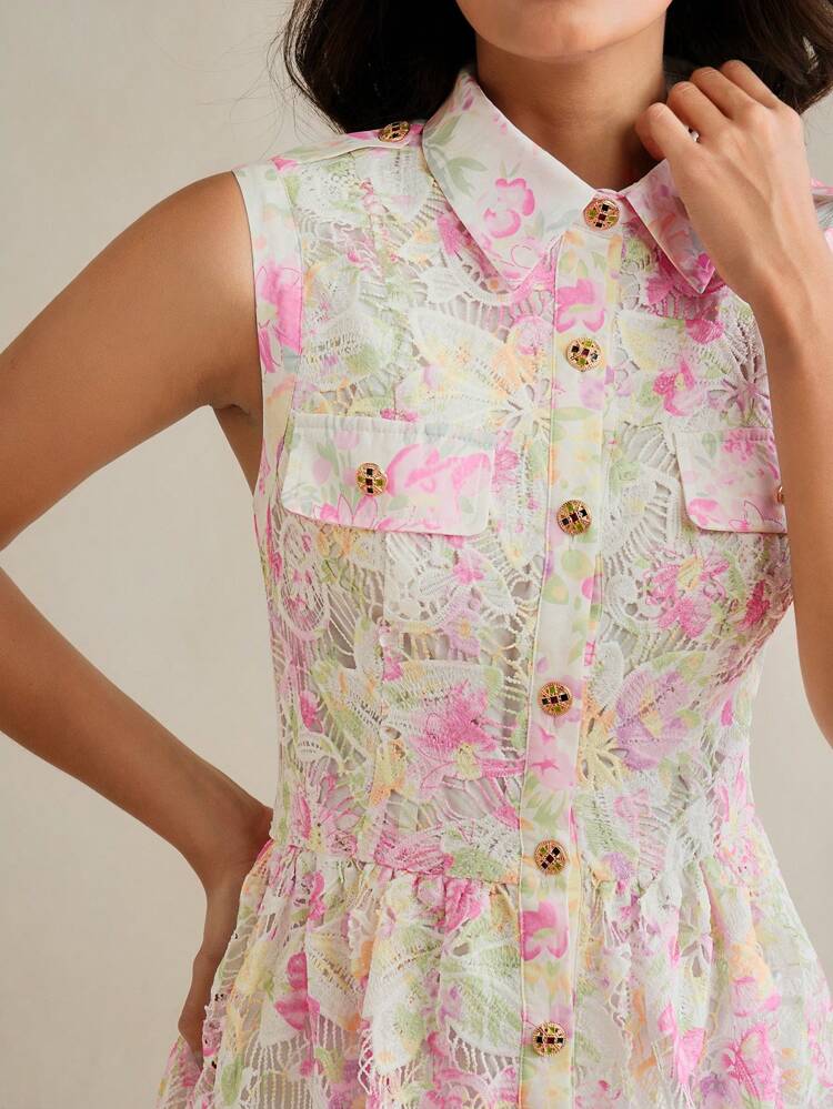 Elegant Water-Soluble Lace Trim Floral Print Lapel Classic Single-Breasted Belted Waist Sleeveless Dress For Women, Spring/Summer
