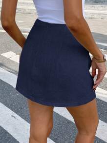 Serisse 女式夏季休闲纽扣装饰开衩短裤 - 藏蓝色 - 查看 2