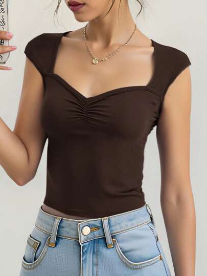 SHEIN Teen Girl Solid Color Ruched Bust Casual T-Shirt, Back To School , Cute, Holiday Family Outdoor Spring Picnic Everyday Wear, Suitable For Various Occasions Cute Top