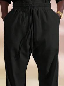 SUMWON Pantalones casuales de corte ancho y suelto con aspecto de lino, cordón, bolsillos laterales, versátiles para todas las temporadas, clásico atuendo de trabajo y ropa de calle