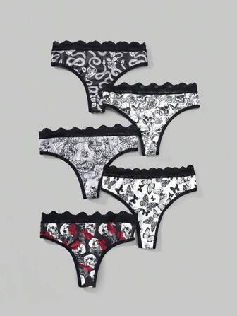 Goth 5-Pack Gothic Snake Skin, Skull, Spider Web, Rose & Butterfly Lace Trim Hipster Underwear