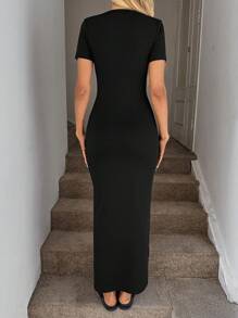 SHEIN LUNE Sexy Bodycon Black Short Sleeve Knit Dress, Figure-Flattering Midi Dresses For Women Elegant