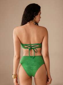 Anewsta Spiral Metal Accent Asymmetrical Bandeau Bikini Set For Summer Beach Vacation - Green - View 2