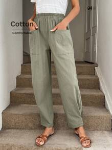 SHEIN LUNE Old Money Style Women Women's Casual Green Cotton Pants With Pockets, Comfortable Spring/Summer