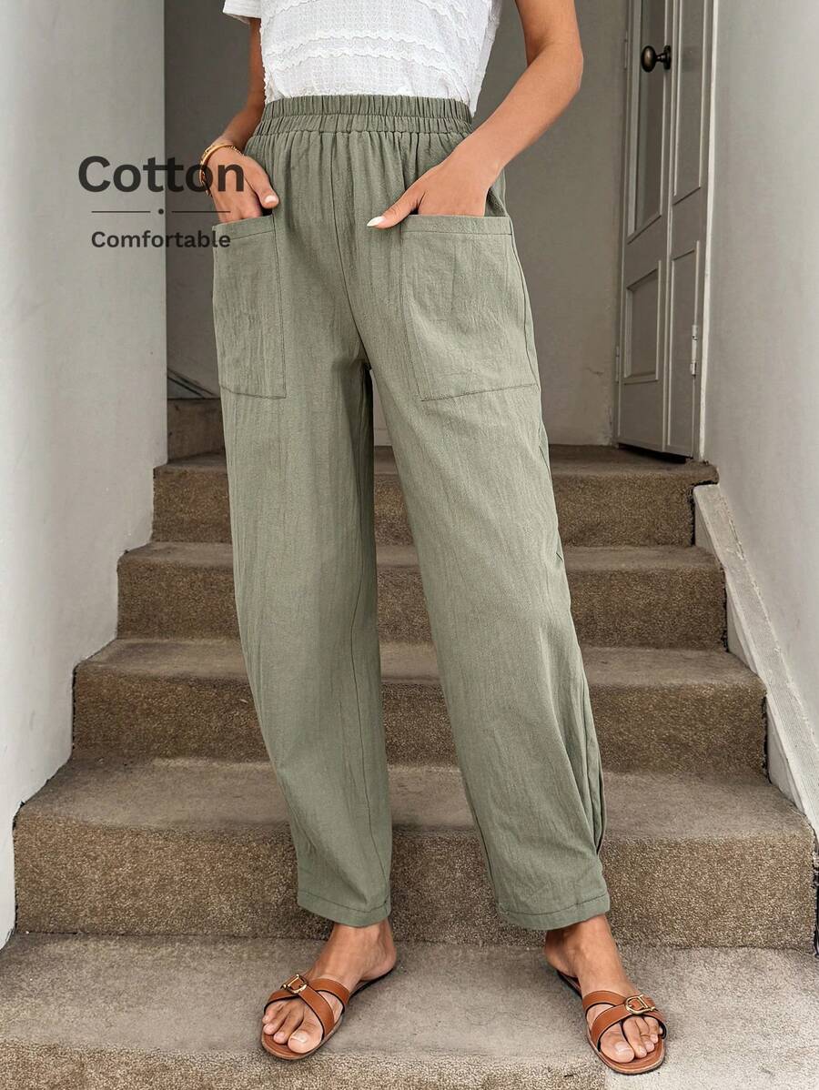 SHEIN LUNE Old Money Style Women Women's Casual Green Cotton Pants With Pockets, Comfortable Spring/Summer