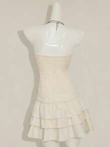 SHEIN ICON Y2k 外出西部波西米亚嬉皮米色露肩荷叶边无袖蕾丝拼布下摆纯色吊带背心连衣裙 - 杏色 - 查看 2