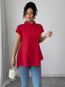 Elenzga Áo sơ mi nữ 2025 thiết kế mới viền bất đối xứng - Đỏ - Xem 5