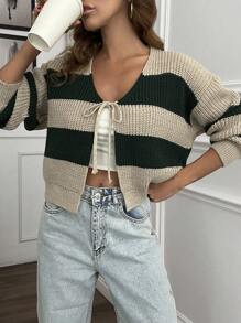 EURMUSE Women's Casual Striped Tie Front Detailed Bow Tie V Neck Long Sleeve Loose Fit Cardigan Winter Crop Cardigan Women Striped Cardigan Cute Fall Winter Styles Cropped Cardigan Knit Top Sweater Top Knitted Tops Women's Summer Sweaters - Beige - View 5